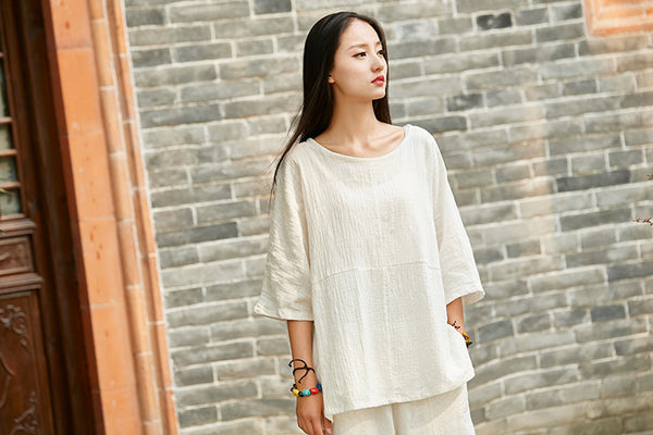 2024 Summer NEW! Women Chinese Style Linen and Cotton Rounded necked Loose Mid Sleeve T-Shirt