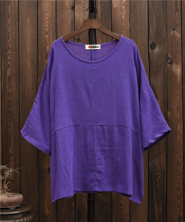 2024 Summer NEW! Women Chinese Style Linen and Cotton Rounded necked Loose Mid Sleeve T-Shirt