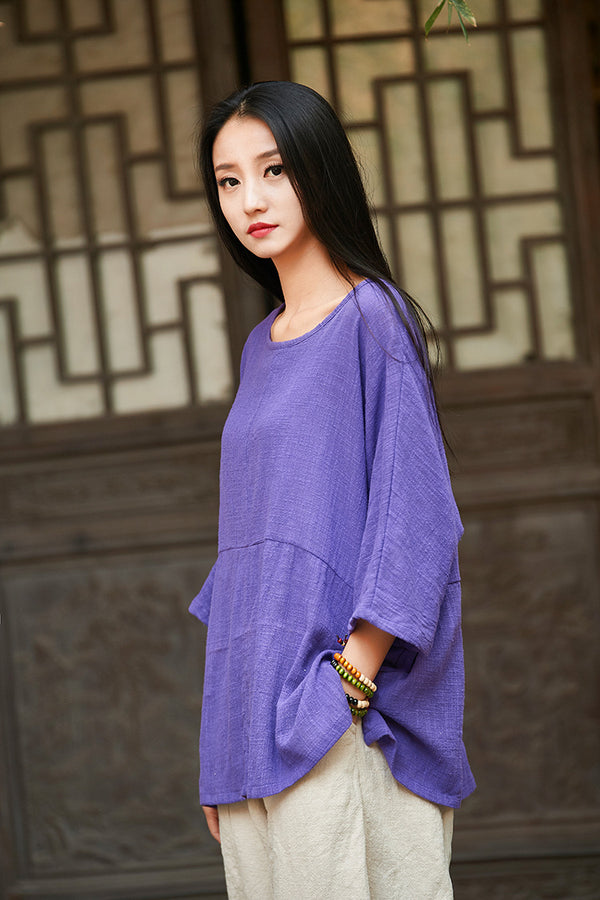 2024 Summer NEW! Women Chinese Style Linen and Cotton Rounded necked Loose Mid Sleeve T-Shirt