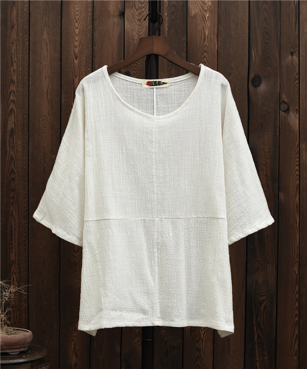 2024 Summer NEW! Women Chinese Style Linen and Cotton Rounded necked Loose Mid Sleeve T-Shirt