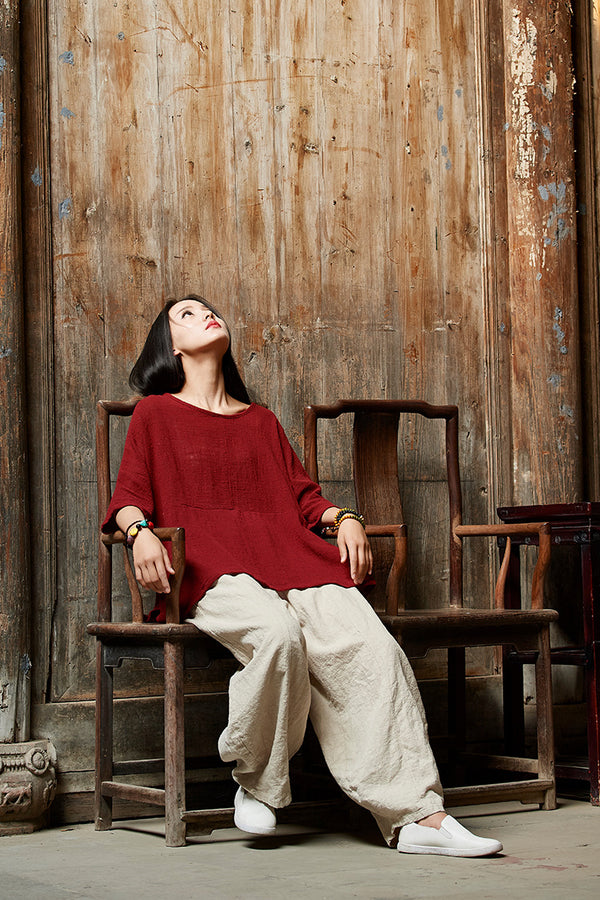 2024 Summer NEW! Women Chinese Style Linen and Cotton Rounded necked Loose Mid Sleeve T-Shirt