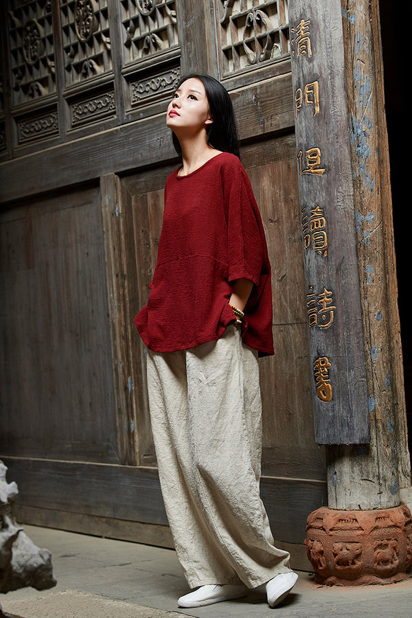 2024 Summer NEW! Women Chinese Style Linen and Cotton Rounded necked Loose Mid Sleeve T-Shirt
