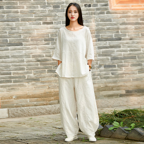 2024 Summer NEW! Women Chinese Style Linen and Cotton Rounded necked Loose Mid Sleeve T-Shirt