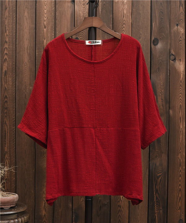 2024 Summer NEW! Women Chinese Style Linen and Cotton Rounded necked Loose Mid Sleeve T-Shirt