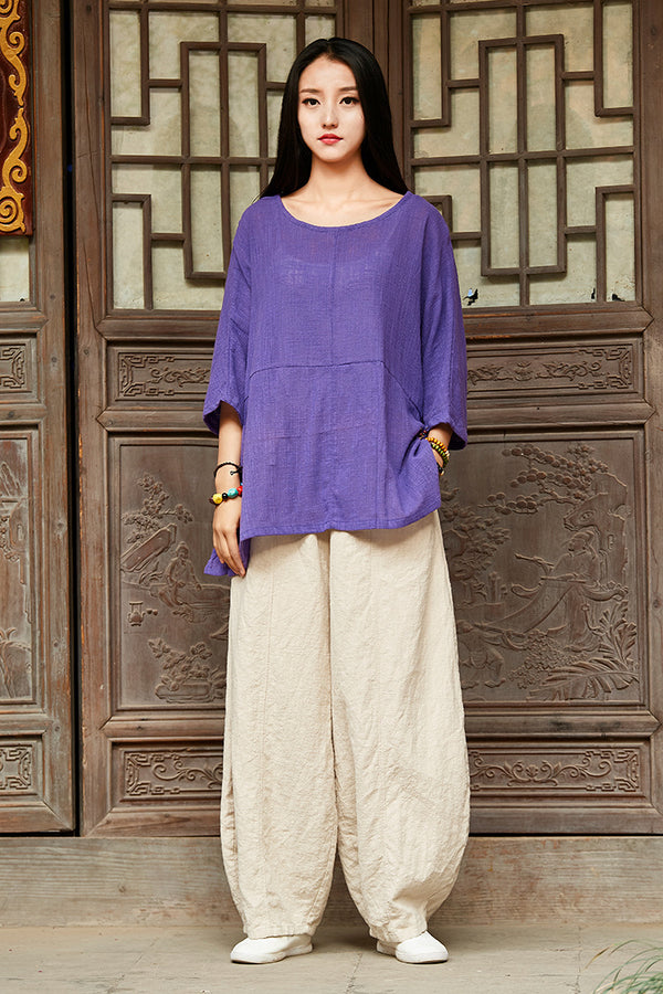 2024 Summer NEW! Women Chinese Style Linen and Cotton Rounded necked Loose Mid Sleeve T-Shirt