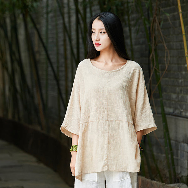 2024 Summer NEW! Women Chinese Style Linen and Cotton Rounded necked Loose Mid Sleeve T-Shirt