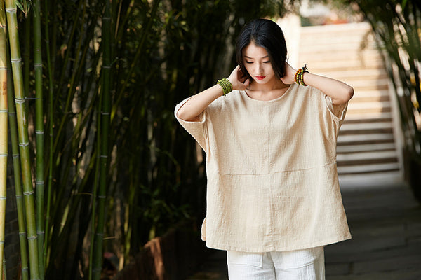 2024 Summer NEW! Women Chinese Style Linen and Cotton Rounded necked Loose Mid Sleeve T-Shirt
