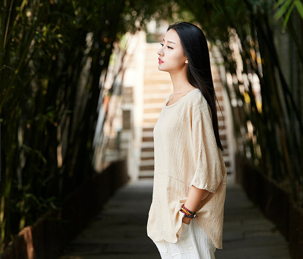 2024 Summer NEW! Women Chinese Style Linen and Cotton Rounded necked Loose Mid Sleeve T-Shirt