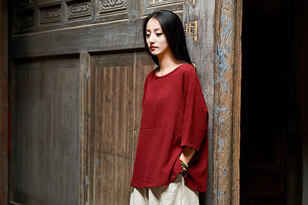2024 Summer NEW! Women Chinese Style Linen and Cotton Rounded necked Loose Mid Sleeve T-Shirt