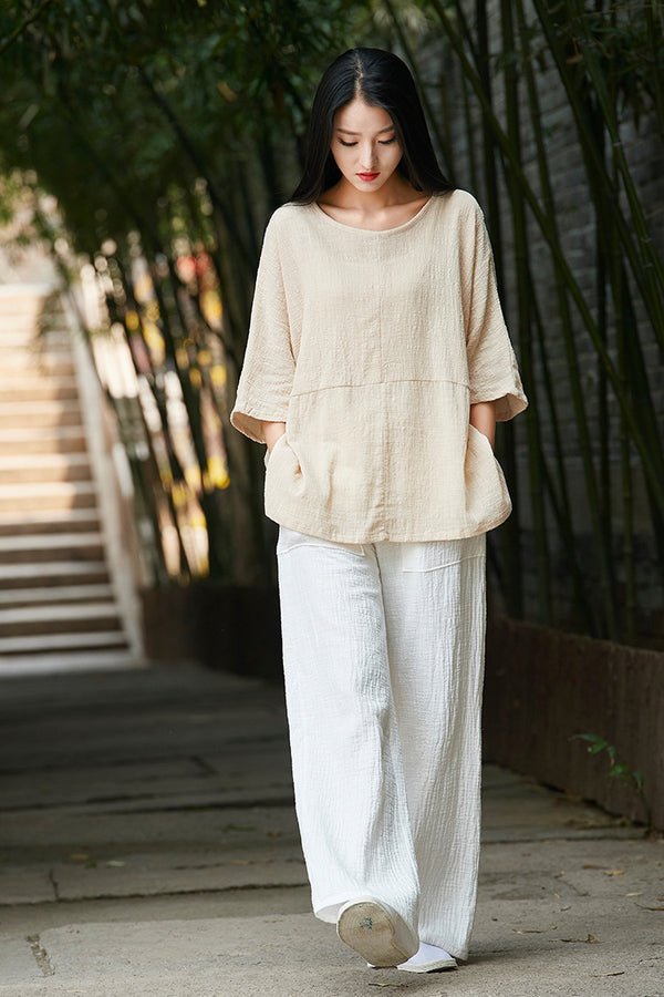 2024 Summer NEW! Women Chinese Style Linen and Cotton Rounded necked Loose Mid Sleeve T-Shirt