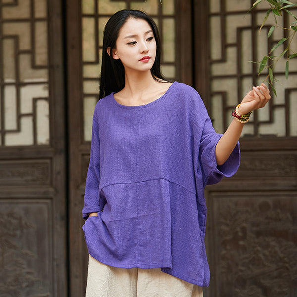2024 Summer NEW! Women Chinese Style Linen and Cotton Rounded necked Loose Mid Sleeve T-Shirt