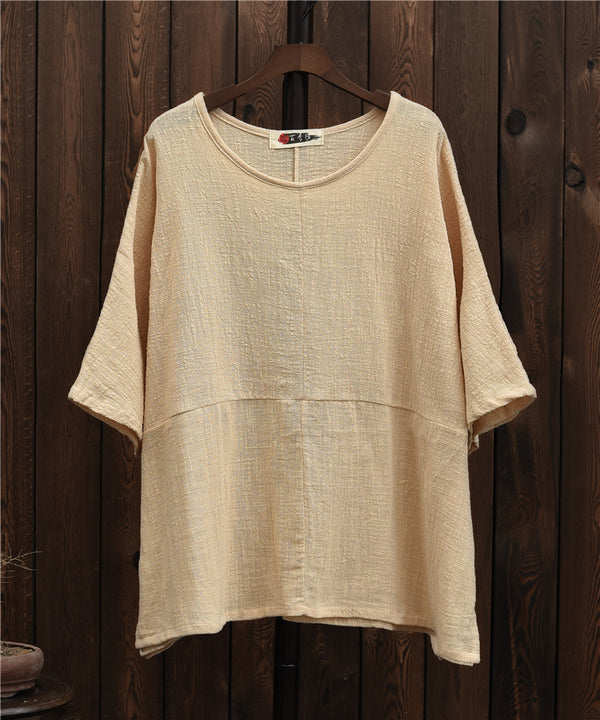 2024 Summer NEW! Women Chinese Style Linen and Cotton Rounded necked Loose Mid Sleeve T-Shirt