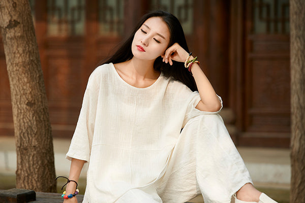 2024 Summer NEW! Women Chinese Style Linen and Cotton Rounded necked Loose Mid Sleeve T-Shirt