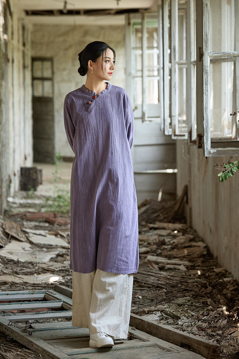 Vintage Tie-Dye Mandarin Collar Loose Midi Dress