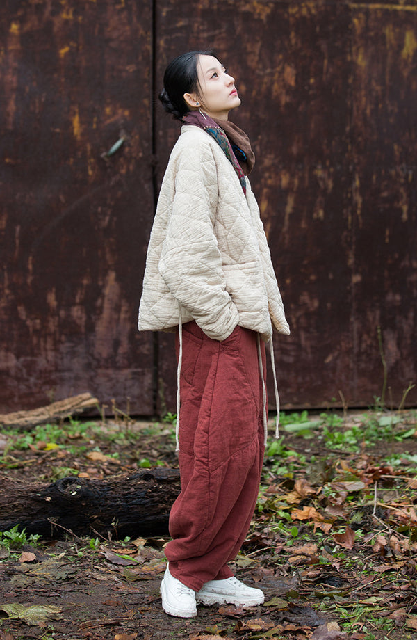 2024 Winter NEW! Asian Casual Style Women Linen and Cotton Short Quilted Long-sleeved Coat