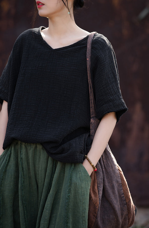 Bamboo Breeze Double-Layer Linen Tee – Textured Ramie-Cotton Short Sleeve Top