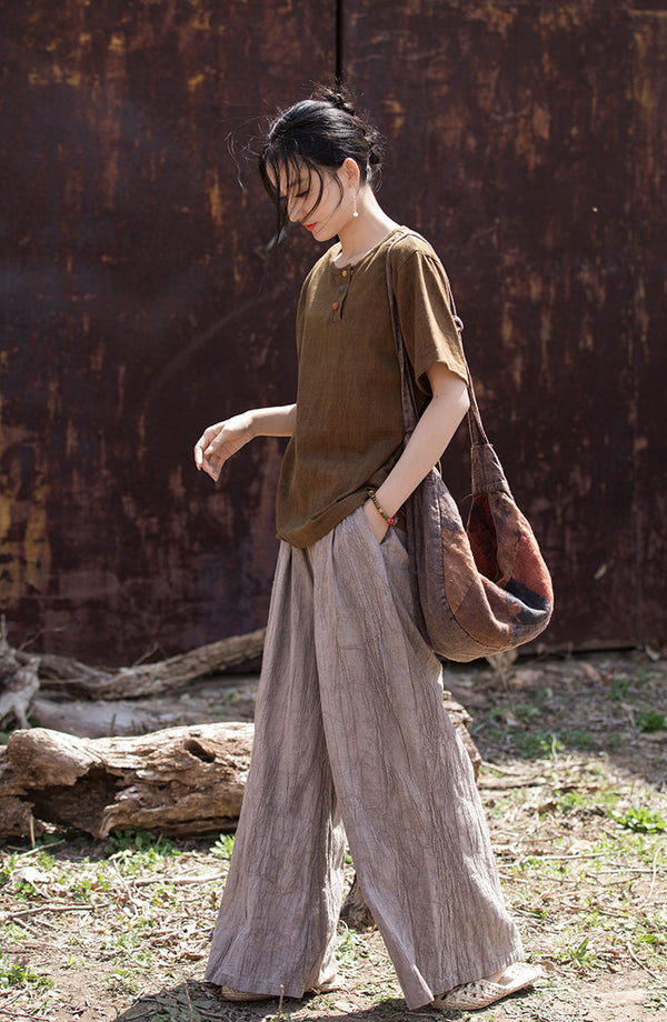 Vintage Washed Cotton-Linen Tee – Retro Print Short Sleeve Top with Mandarin Collar