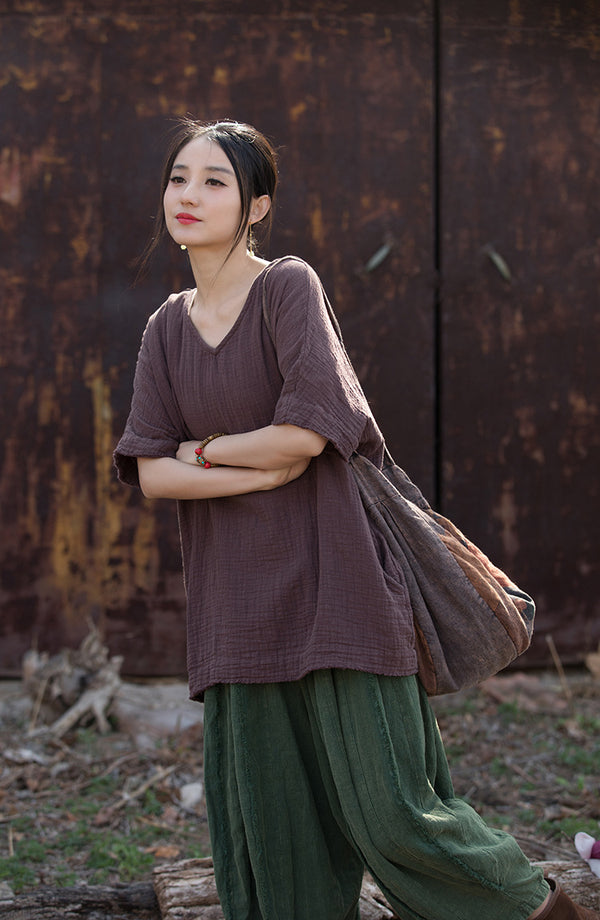 Bamboo Breeze Double-Layer Linen Tee – Textured Ramie-Cotton Short Sleeve Top