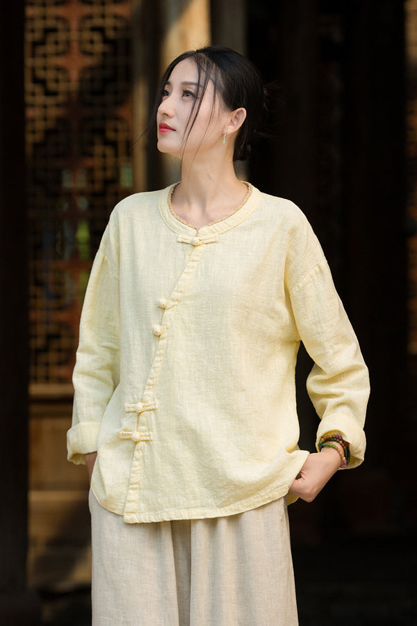 Zen Ramie Long Sleeve Top – Mandarin Collar Shirt with Pankou Buttons & Asymmetrical Hem
