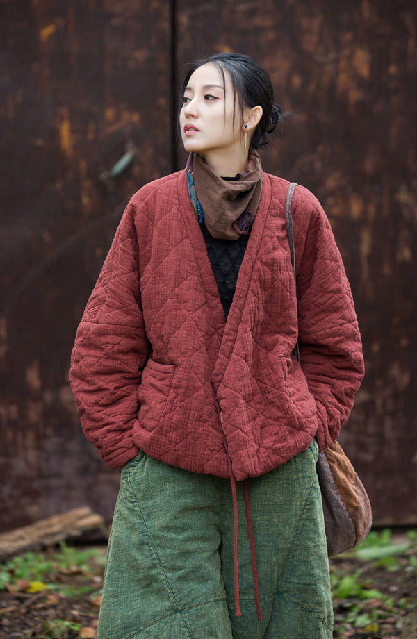Winter NEW! Asian Casual Style Women Linen and Cotton Short Quilted Long-sleeved Coat