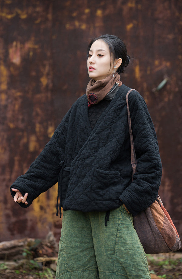 Winter NEW! Asian Casual Style Women Linen and Cotton Short Quilted Long-sleeved Coat
