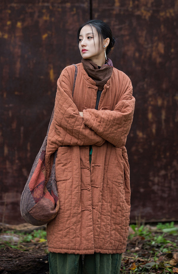 2024 Winter NEW! Asian Retro Style Women Linen and Cotton Long Quilted Long-sleeved Coat
