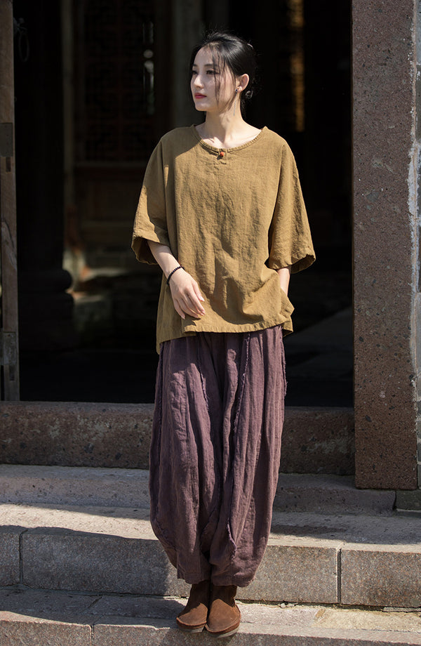ZenLinen Mandarin Collar Tee – Breathable Cotton-Linen Short Sleeve Top