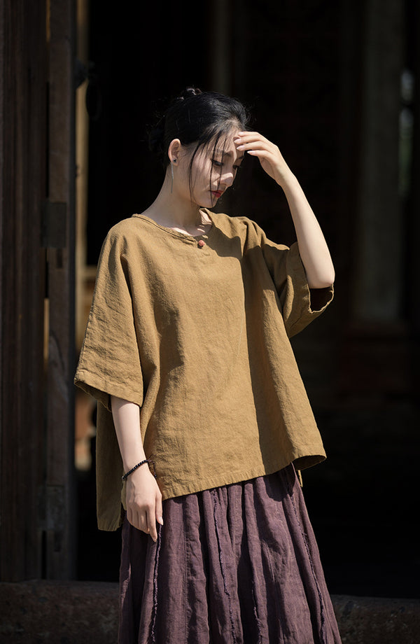 ZenLinen Mandarin Collar Tee – Breathable Cotton-Linen Short Sleeve Top