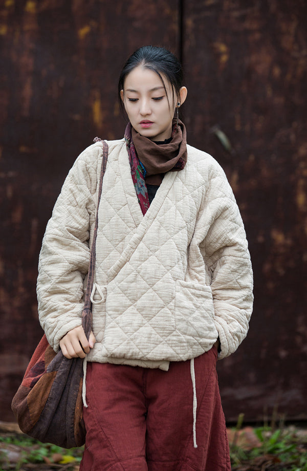 Winter NEW! Asian Casual Style Women Linen and Cotton Short Quilted Long-sleeved Coat