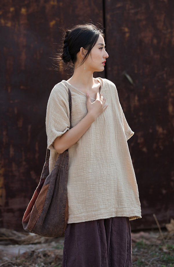 Bamboo Breeze Double-Layer Linen Tee – Textured Ramie-Cotton Short Sleeve Top
