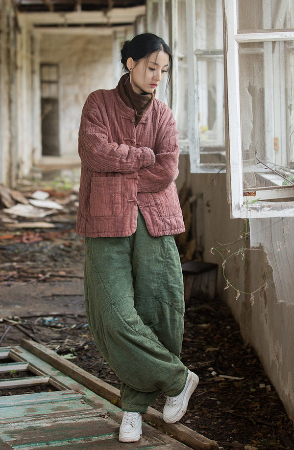 2024 Winter NEW! Asian Casual Style Women Wrinkles Linen and Cotton Short Quilted Long-sleeved Coat