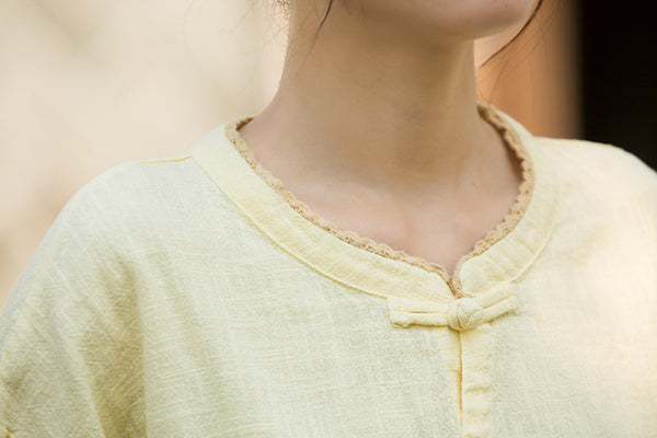 Zen Ramie Long Sleeve Top – Mandarin Collar Shirt with Pankou Buttons & Asymmetrical Hem
