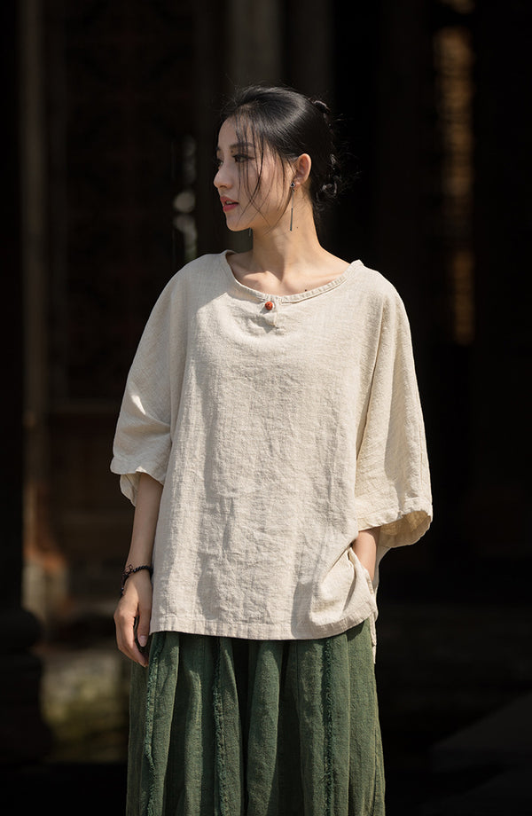 ZenLinen Mandarin Collar Tee – Breathable Cotton-Linen Short Sleeve Top