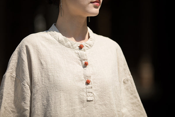 ZenBloom Linen-Blend Mandarin Collar Top – Modern Chinese Style Short-Sleeve T-Shirt