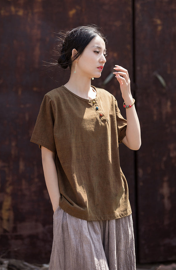 Vintage Washed Cotton-Linen Tee – Retro Print Short Sleeve Top with Mandarin Collar