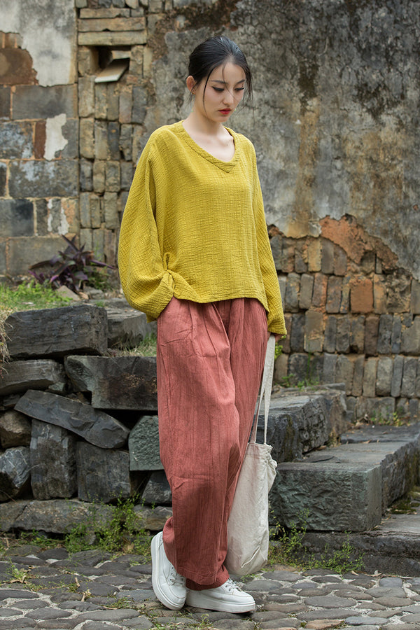 Textured Linen-Cotton V-Neck Tee – Hand-Stitched Relaxed Fit Top