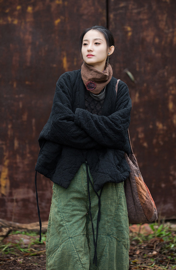 Winter NEW! Asian Casual Style Women Linen and Cotton Short Quilted Long-sleeved Coat