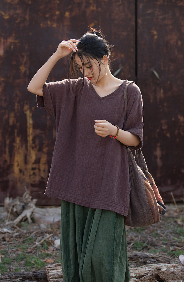 Bamboo Breeze Double-Layer Linen Tee – Textured Ramie-Cotton Short Sleeve Top