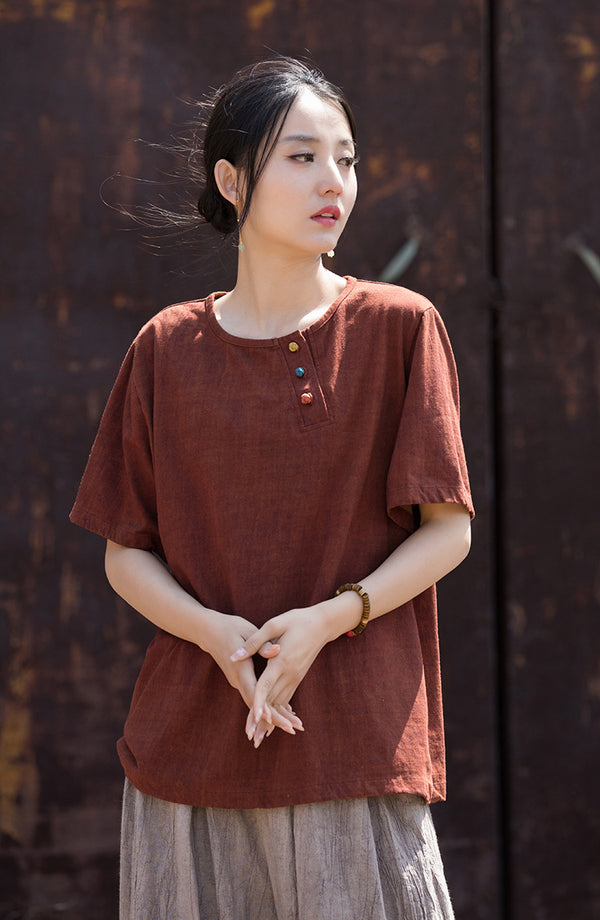 Vintage Washed Cotton-Linen Tee – Retro Print Short Sleeve Top with Mandarin Collar