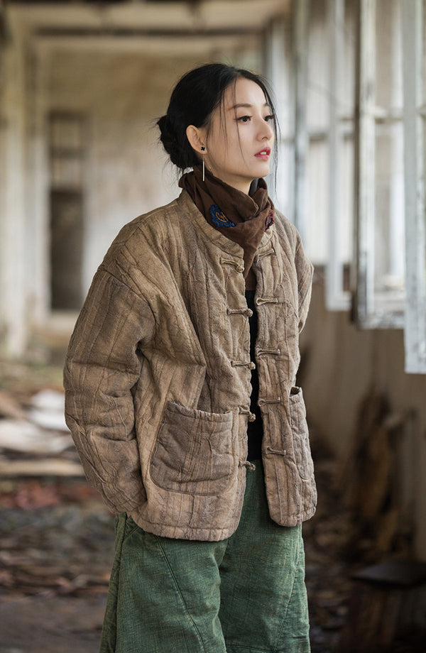 2024 Winter NEW! Asian Casual Style Women Wrinkles Linen and Cotton Short Quilted Long-sleeved Coat