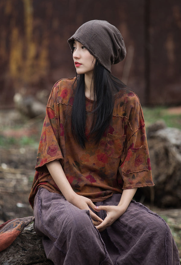 Vintage Washed Linen-Cotton Tee – Retro Digital Print Short Sleeve Top