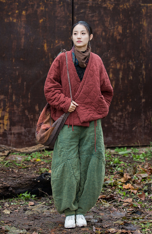 2024 Winter NEW! Asian Casual Style Women Linen and Cotton Short Quilted Long-sleeved Coat