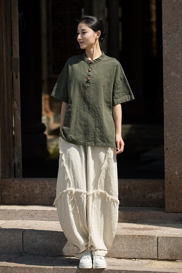 ZenBloom Linen-Blend Mandarin Collar Top – Modern Chinese Style Short-Sleeve T-Shirt