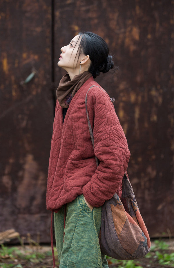 Winter NEW! Asian Casual Style Women Linen and Cotton Short Quilted Long-sleeved Coat