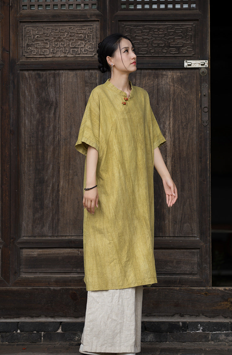 Boho Chic Tie-Dye Linen Blend Mandarin Collar Midi Cheongsam Dress