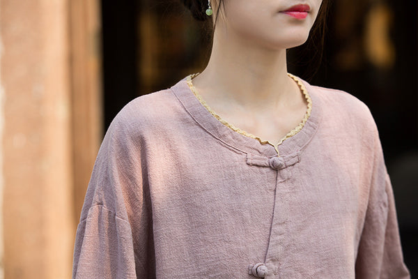 Zen Ramie Long Sleeve Top – Mandarin Collar Shirt with Pankou Buttons & Asymmetrical Hem