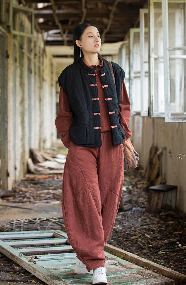 2024 Winter NEW! Asian Style Women Linen and Cotton Quilted Vest