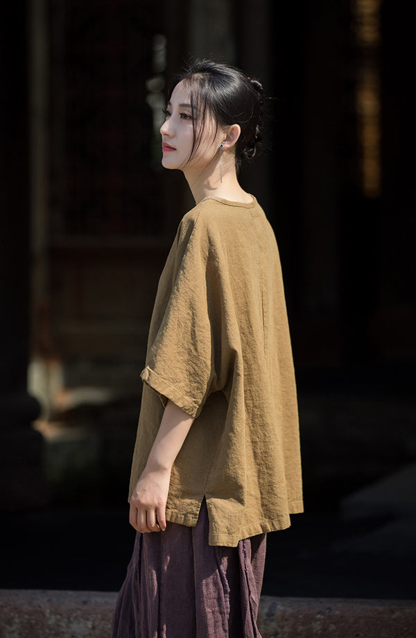 ZenLinen Mandarin Collar Tee – Breathable Cotton-Linen Short Sleeve Top