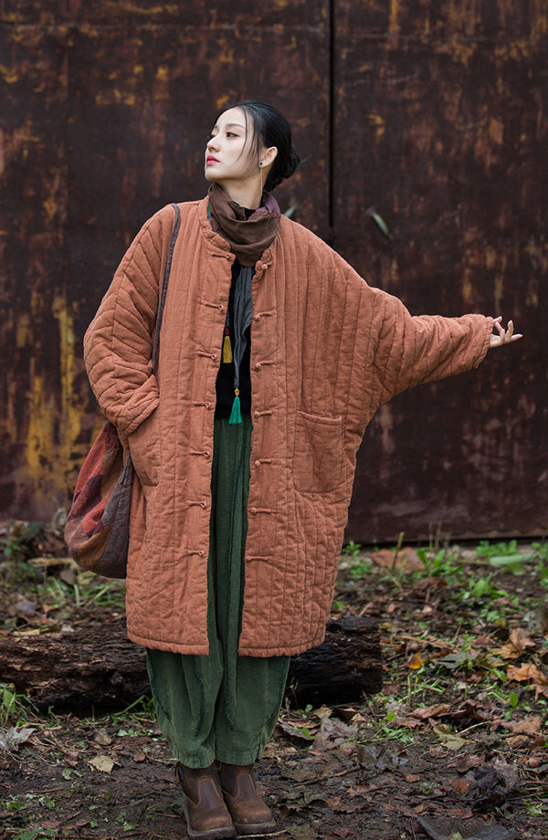 2024 Winter NEW! Asian Retro Style Women Linen and Cotton Long Quilted Long-sleeved Coat