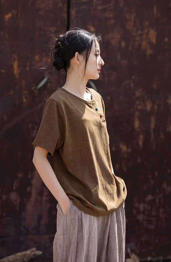 Vintage Washed Cotton-Linen Tee – Retro Print Short Sleeve Top with Mandarin Collar